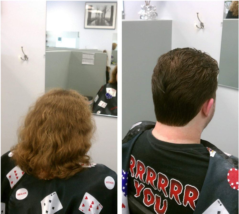 Before and after: a client's long, curly hair cut into a short, tapered men's style