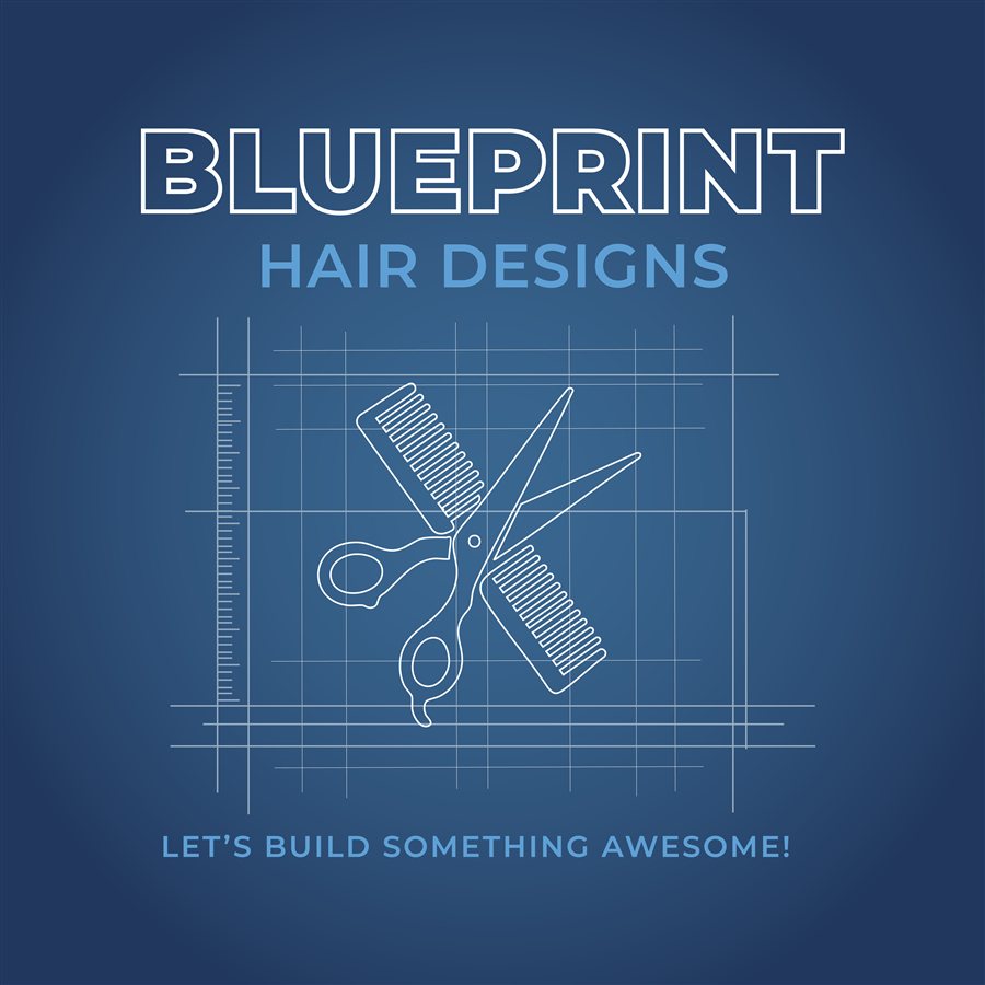 Blueprint Hair Designs logo: scissors and comb drawn on a blueprint grid